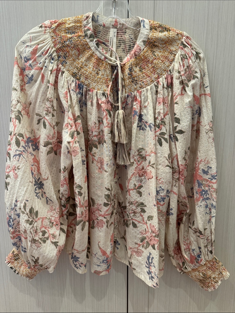Anthropologie Cream Floral Smocked Yoke Peasant Top with Tassels